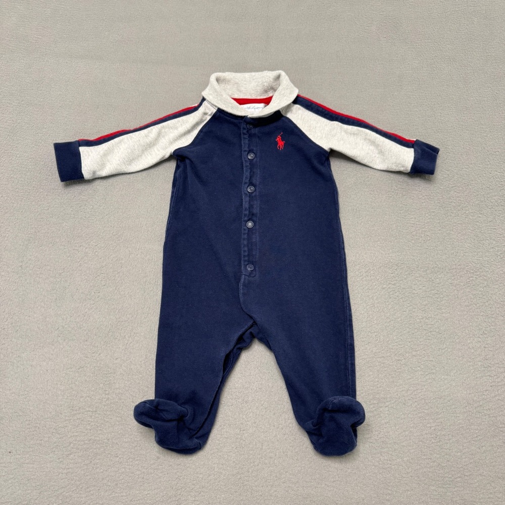 Ralph Lauren Footed Coverall Baby 3M Navy Blue Cotton Raglan Pony Logo Romper